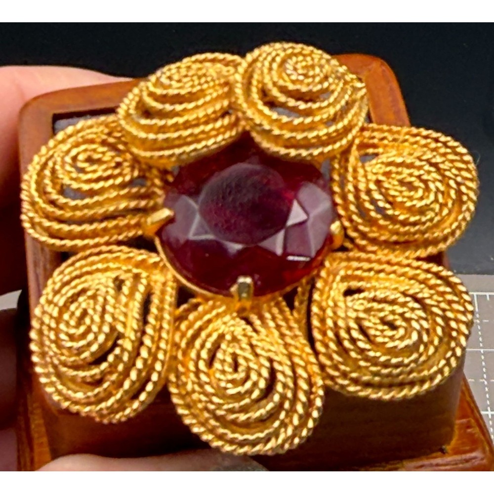 Vintage Flower Brooch Glows Orange Red Faceted Glass Center 2.25"